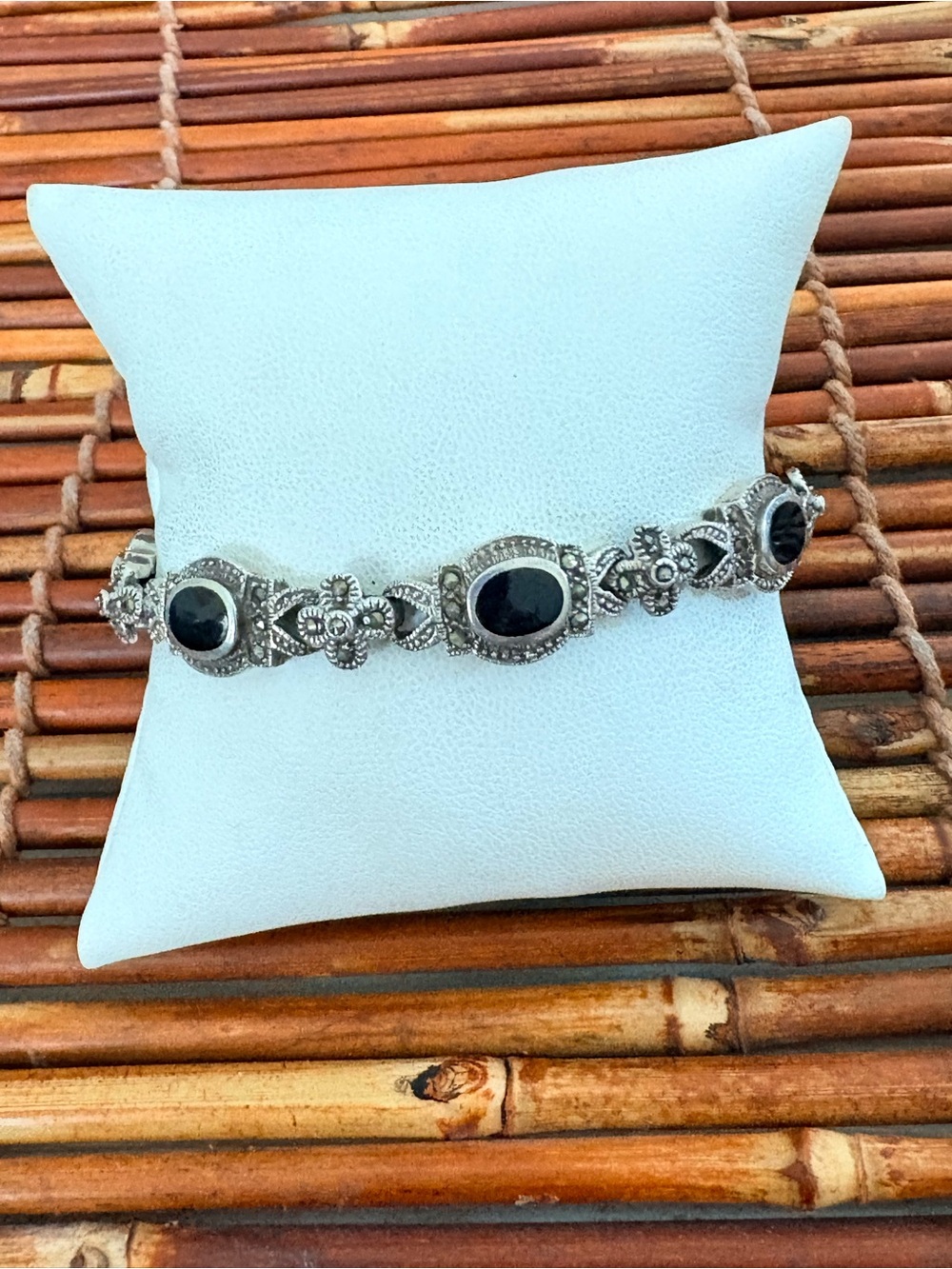 Vintage Marcasite Sterling Silver Floral Bracelet with Black Stones 7”